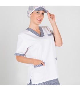 BLUSA SANITARIO PICO SARGA BLANCA CON CUADROS MARINO