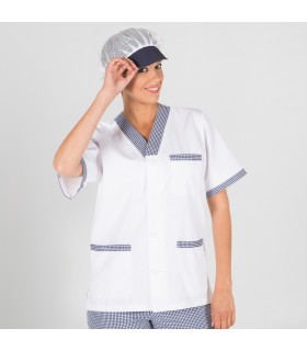 BLUSA SANIT. PICO ABIERTA SARGA BCA CON CUADROS MARINO