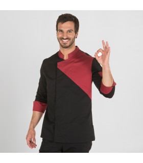 CHAQUETA COCINA UNISEX M/L NEGRA COMBINADA BURDEOS
