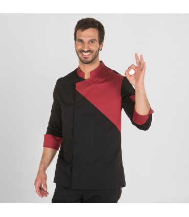 CHAQUETA COCINA UNISEX M/L NEGRA COMBINADA BURDEOS