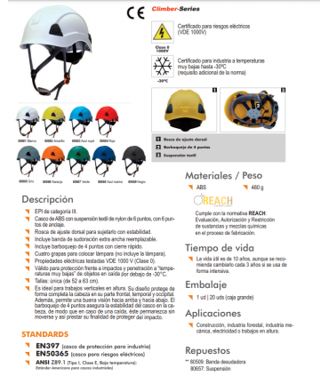 CLIMBER, casco 1000V sin visera con barboquejo, EN397, 50365