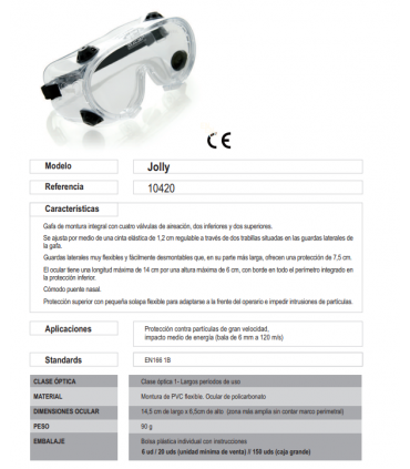 JOLLY, gafa integral de PVC ocular claro con válvulas, 1B