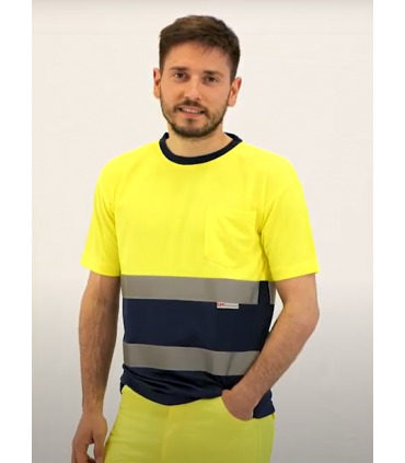 Camiseta transpirable bicolor de manga corta con bandas reflectantes Amarillo